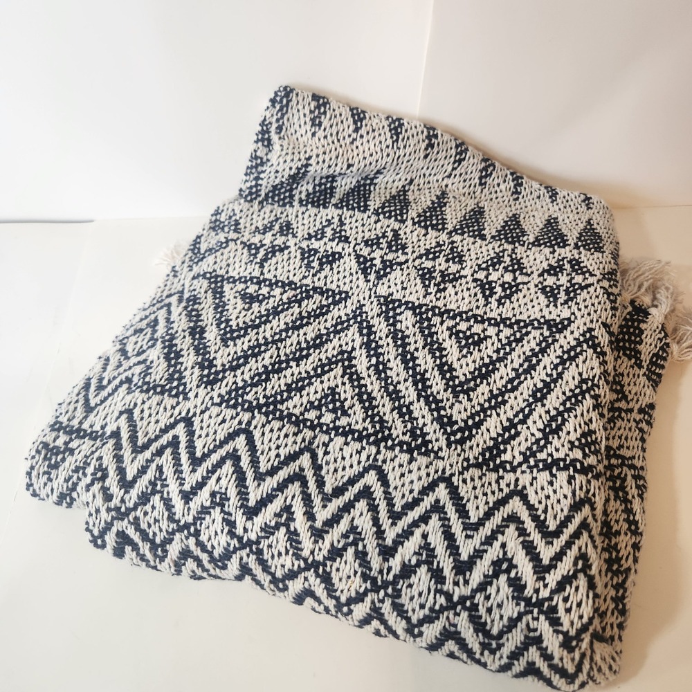 Navy Blue Cream Geometric Aztec Woven Throw Blanket Boho Fringe Accent 55x50